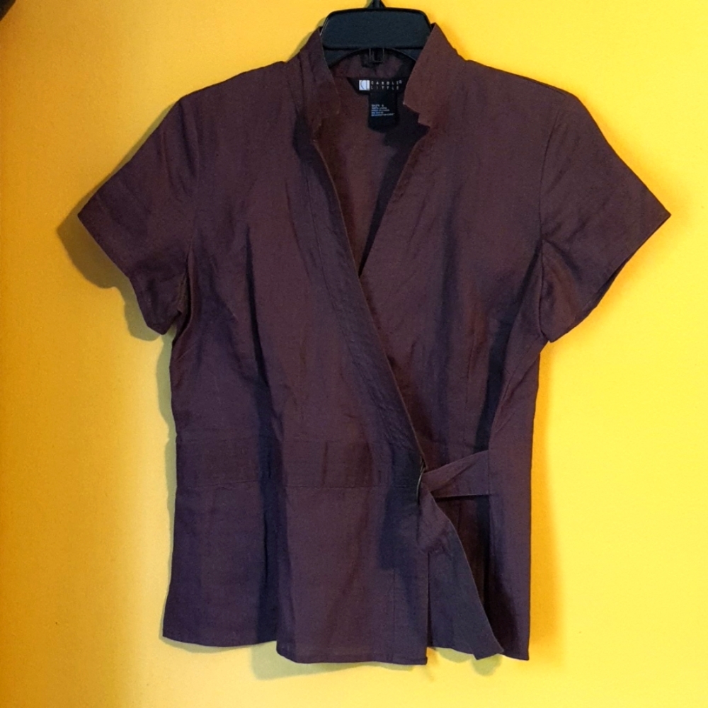 Carole Little Small Dark Brown Linen Wrap Style Blouse Shirt Top Short Sleeve